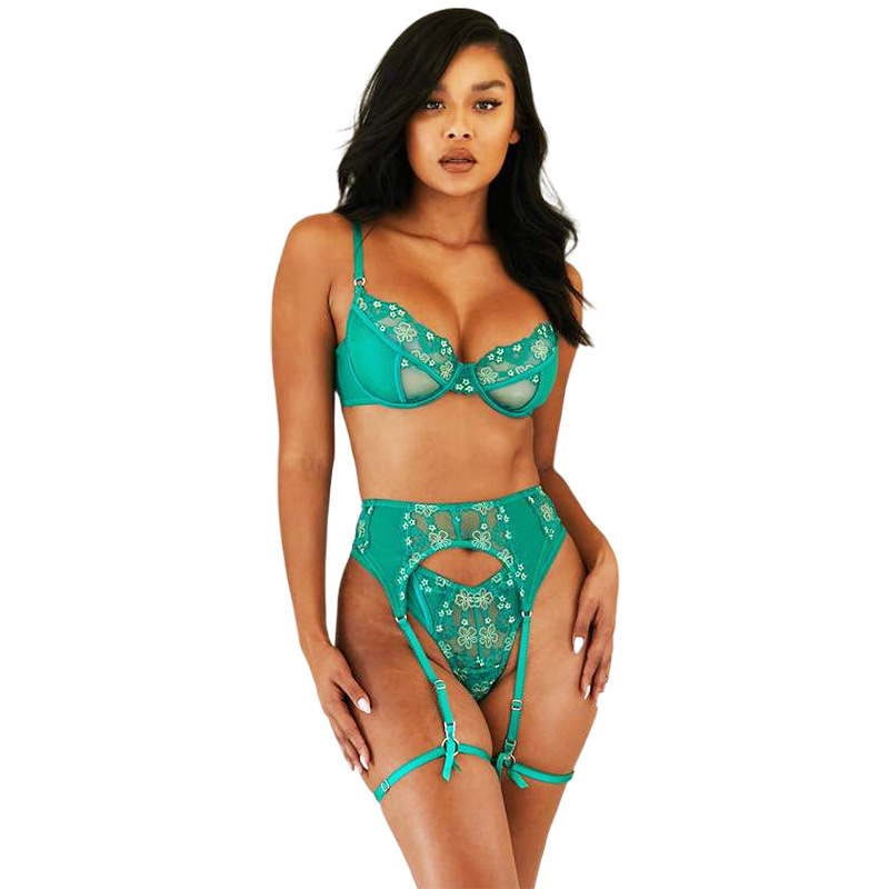 Ebony Blossom 3-Piece Sexy Lace Lingerie Set with Garter